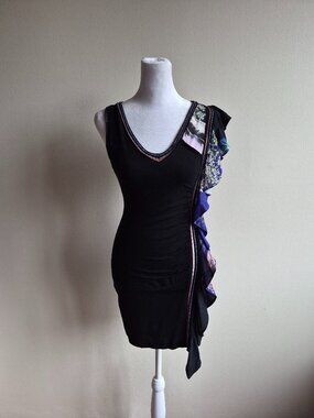 Roberto Cavalli Black Dress Bodycon Silk Ruffle Size 40 / S